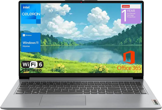 Lenovo Ideapad 1 Home Laptop, 15.6" FHD Display, Intel Celeron Dual Core Processor, 12GB RAM, 384GB Storage(128Gb Emmc + 256GB Pcie), 1 Yr Office 365, Wi-Fi 6, W11H, Additional 1 Yr ADP
