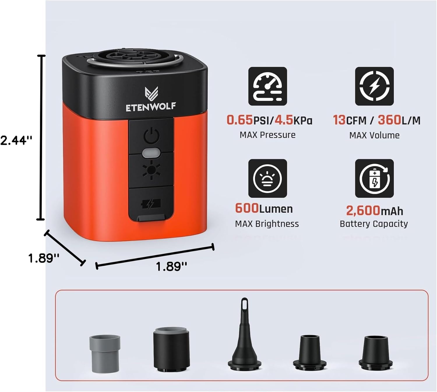 ETENWOLF AIR 3 Pripučiamų atributų oro pompa su 2600 mAh baterija ir stovyklavimo apšvietimu