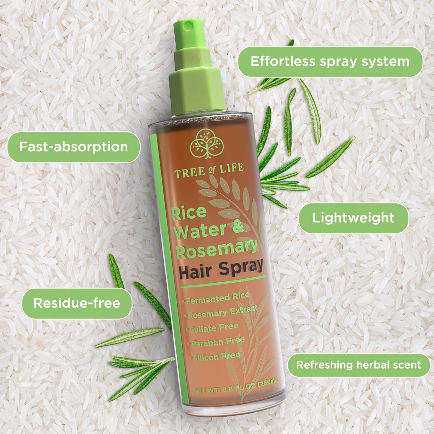 Tree of Life Beauty plaukų augimą skatinantis purškiamas ryžių vanduo su rozmarinu