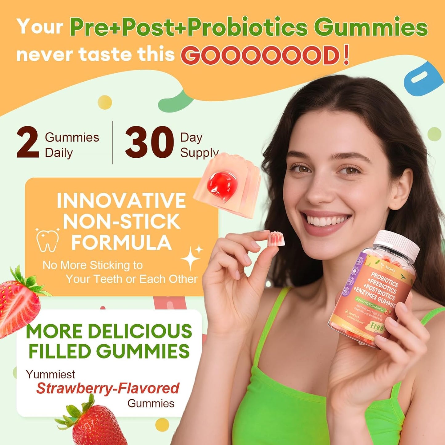5-IN-1 probiotikai prebiotikai postbiotikai guminukai be cukraus