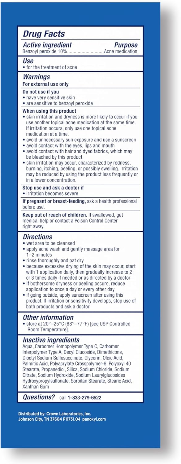 Panoxyl Putojantis prausiklis nuo spuogų, 10 % stiprumo benzoilo peroksidas, antimikrobinis