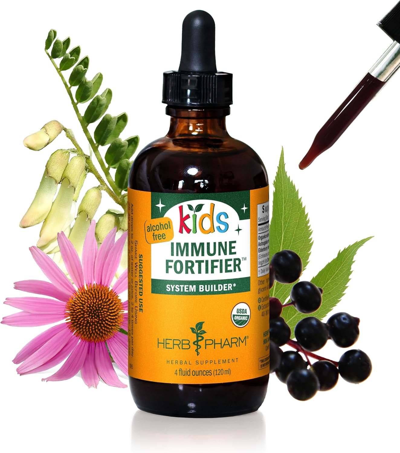 „Herb Pharm Kids“ sertifikuota ekologiška, be alkoholio, imunitetą stiprinanti skysta žolelių formulė