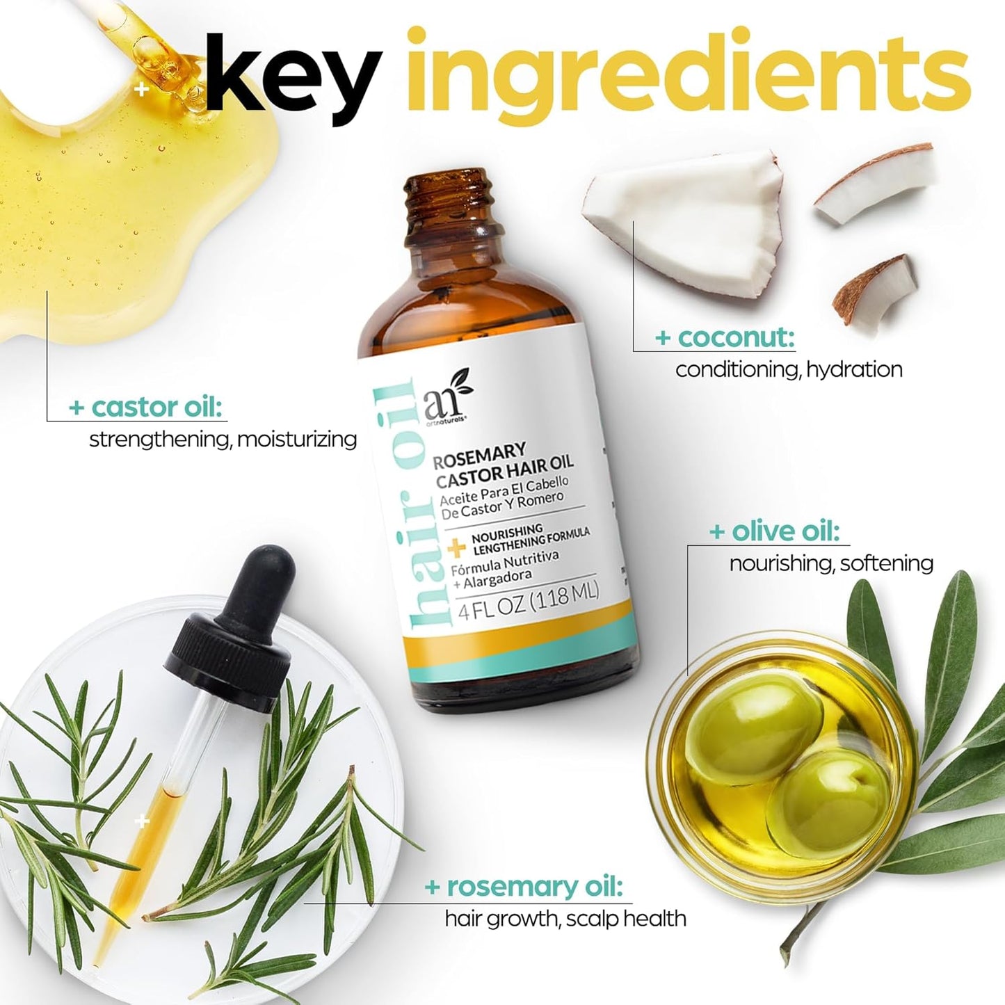 Artnaturals ekologiškas rozmarino ir ricinos aliejus plaukų augimui + galvos odos masažuoklis