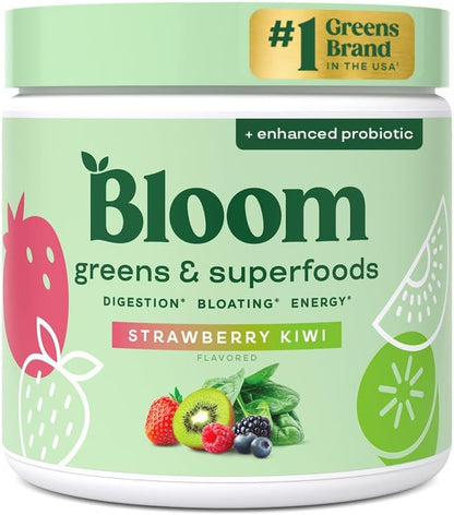 Bloom Nutrition Greens & Superfoods milteliai su probiotikais, prebiotikais ir virškinimo fermentais, supermaisto mišinys su spirulina, chlorela ir burokėlių milteliais