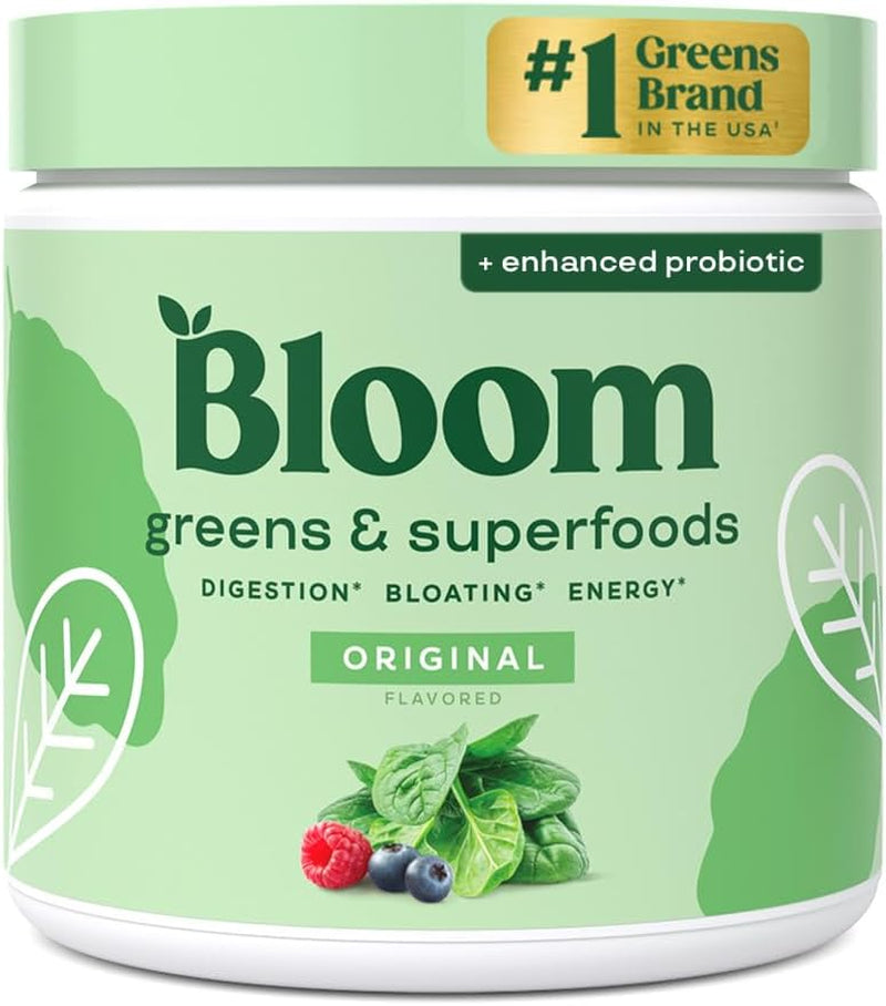 Bloom Nutrition Greens & Superfoods milteliai su probiotikais, prebiotikais ir virškinimo fermentais, supermaisto mišinys su spirulina, chlorela ir burokėlių milteliais