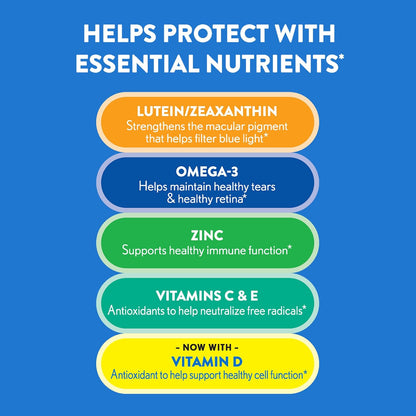 Ocuvite Adult 50+ vitaminų ir mineralų papildas akims su omega-3, liuteinu, zeaksantinu, vitaminais C, D ir E, cinku bei variu, 90 minkštųjų kapsulių