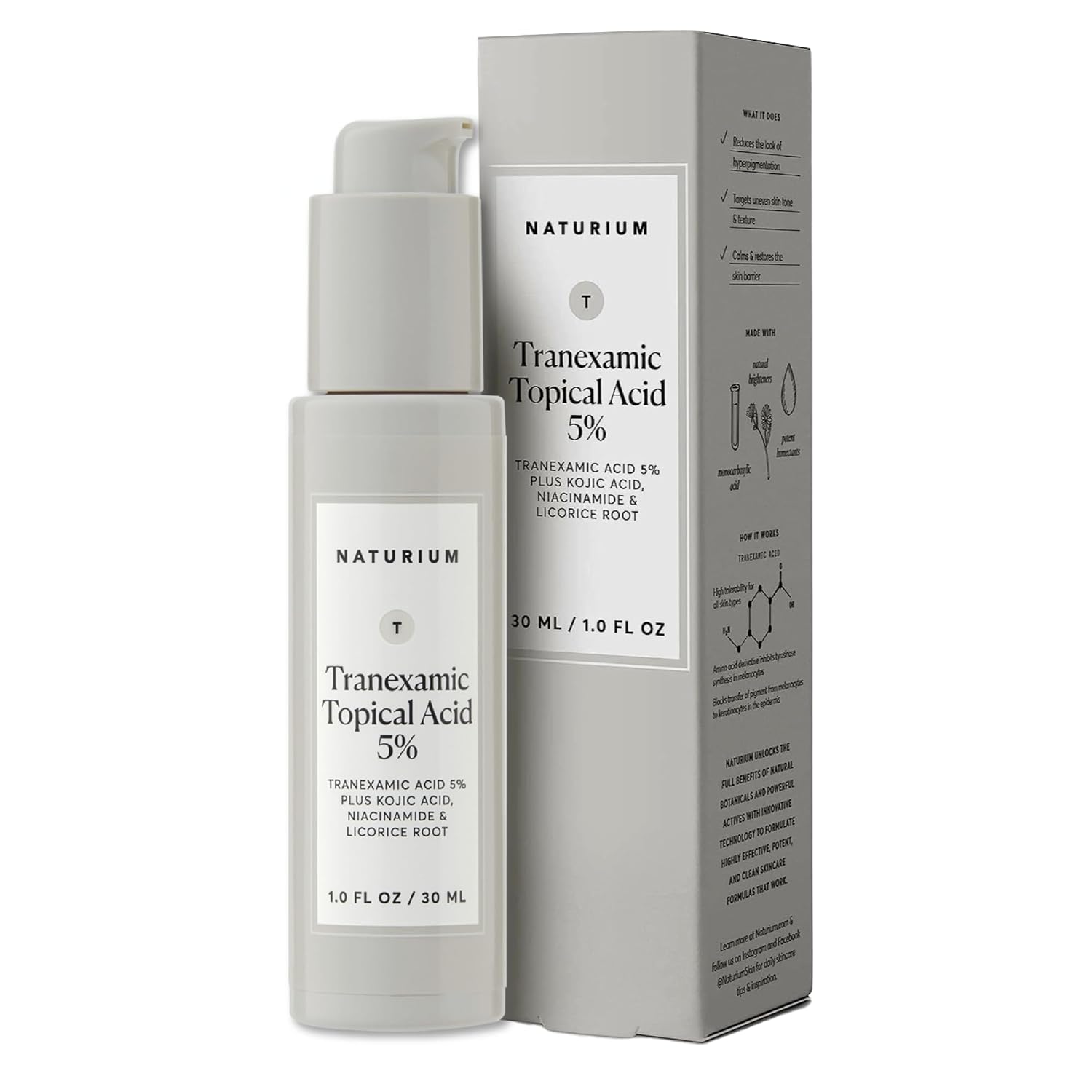 Naturium Tranexamic Topical Acid 5% serumas su kojine rūgštimi, niacinamidu ir saldymedžio šaknimi 