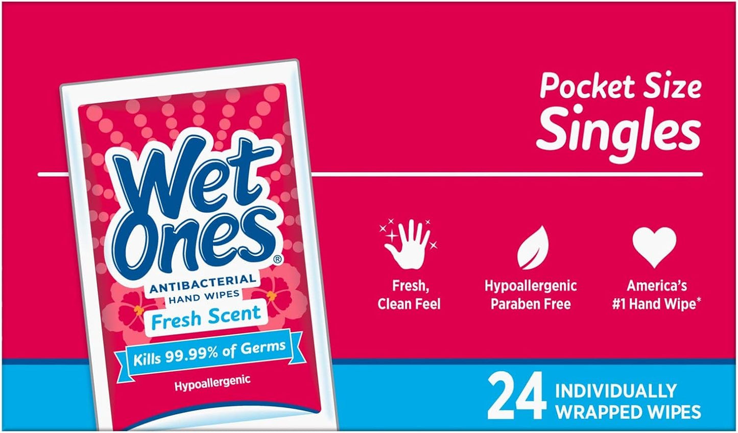 Wet Ones Singles Antibakterinės valomosios servetėlės ​​– 1 dėžutė, 24 vnt.