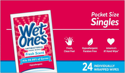 Wet Ones Singles Antibakterinės valomosios servetėlės ​​– 1 dėžutė, 24 vnt.