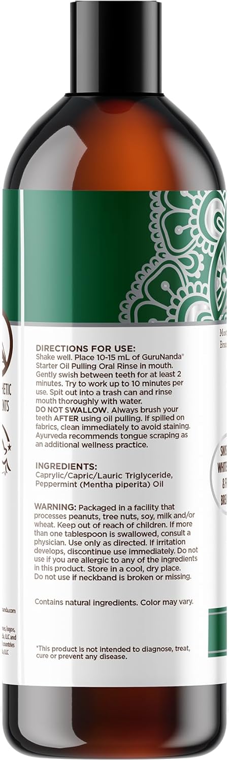 GuruNanda Starter Oil Pulling burnos skalavimo skystis su kokosų ir pipirmėčių aliejais, gaiviam burnos kvapui, sveikoms dantenoms ir natūraliam dantų balinimui, be alkoholio, 237 ml