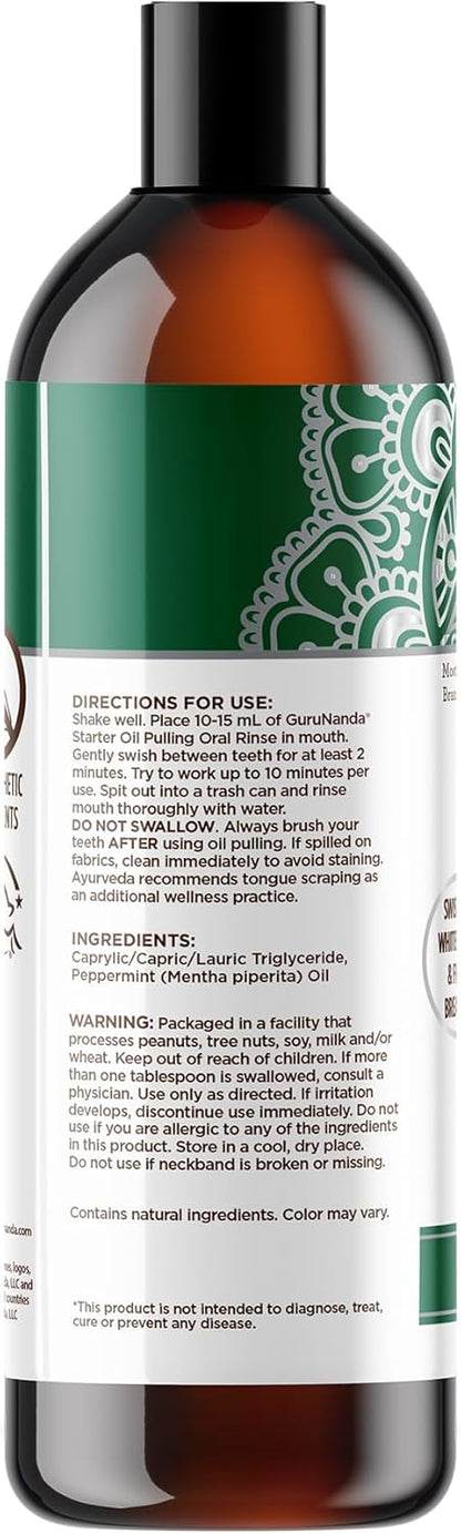 GuruNanda Starter Oil Pulling burnos skalavimo skystis su kokosų ir pipirmėčių aliejais, gaiviam burnos kvapui, sveikoms dantenoms ir natūraliam dantų balinimui, be alkoholio, 237 ml