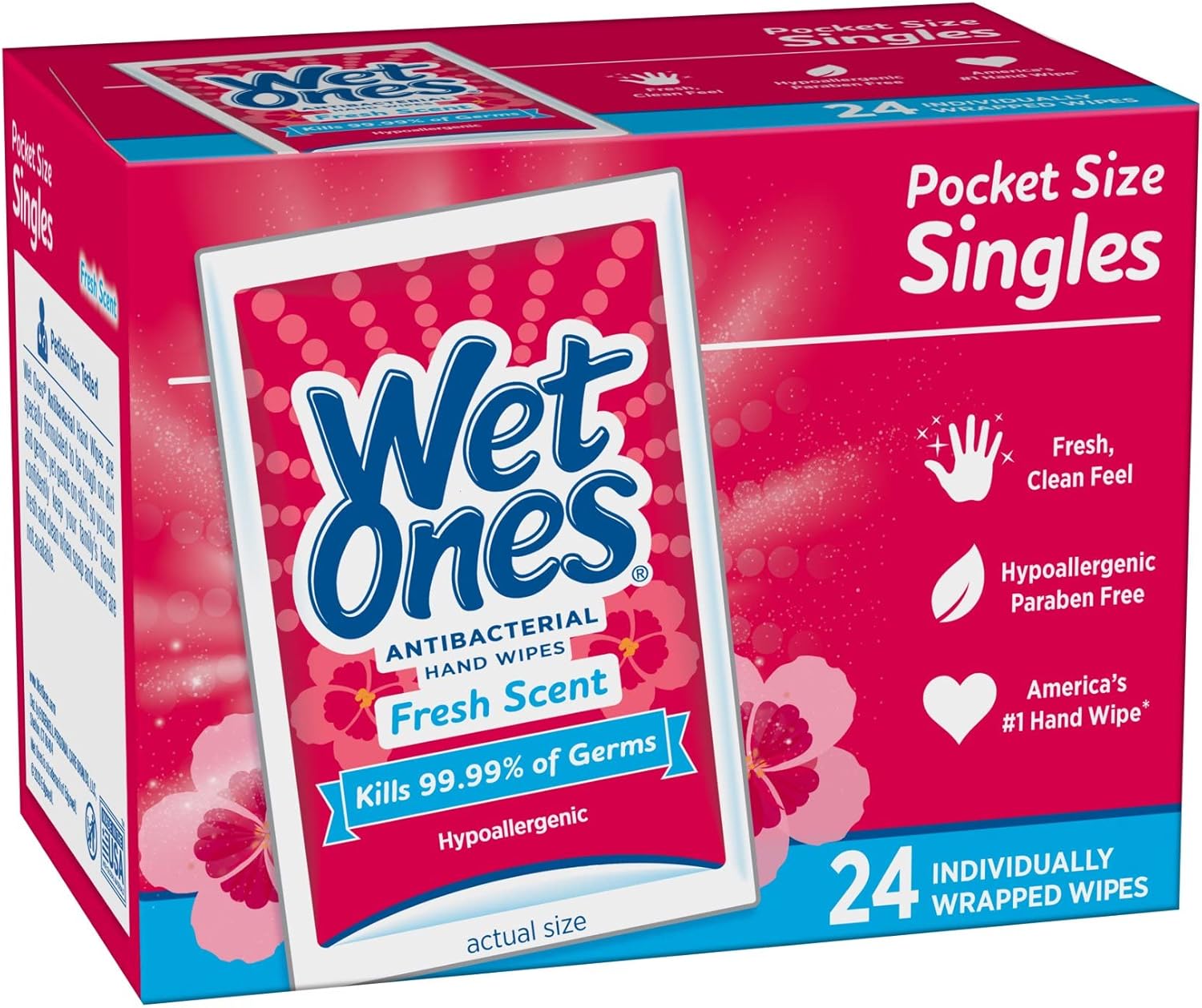 Wet Ones Singles Antibakterinės valomosios servetėlės ​​– 1 dėžutė, 24 vnt.
