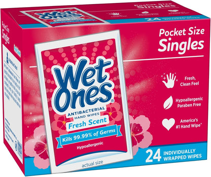 Wet Ones Singles Antibakterinės valomosios servetėlės ​​– 1 dėžutė, 24 vnt.