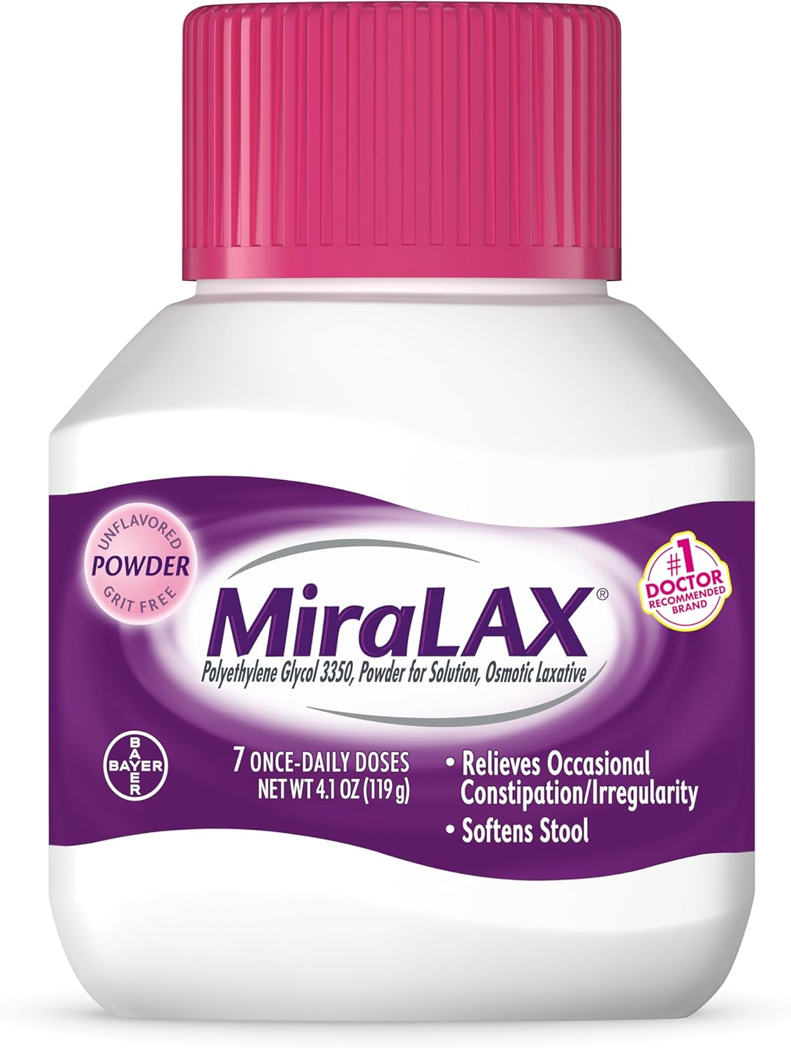MiraLAX švelnaus poveikio milteliai vidurių užkietėjimui mažinti su PEG 3350
