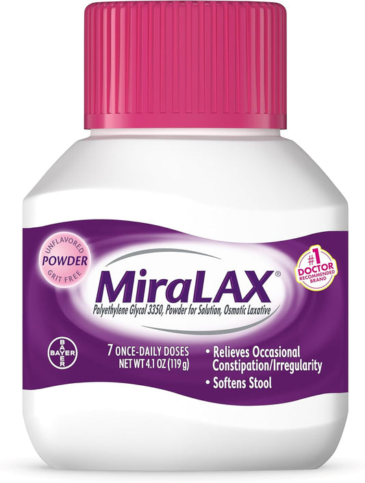 MiraLAX švelnaus poveikio milteliai vidurių užkietėjimui mažinti su PEG 3350