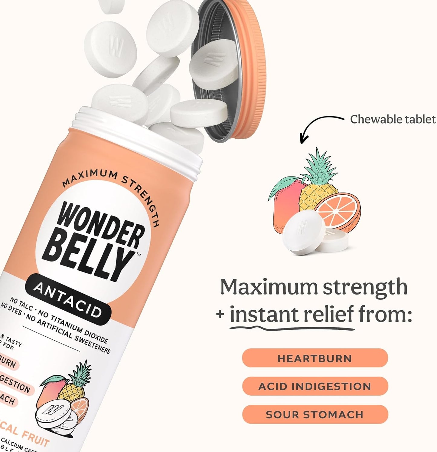„Wonderbelly“ antacidas, veiksmingas rėmens ir greitas rūgšties sukelto nevirškinimo palengvinimas