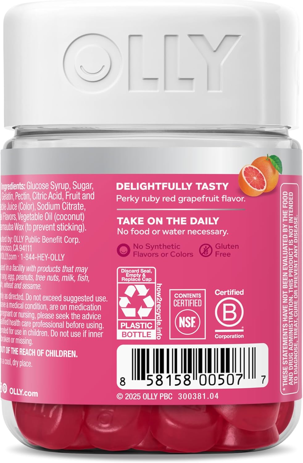 OLLY Undeniable Beauty plaukų, odos ir nagų guminukai, 2500 mcg biotino, su keratinu ir vitaminu C, greipfrutų skonio