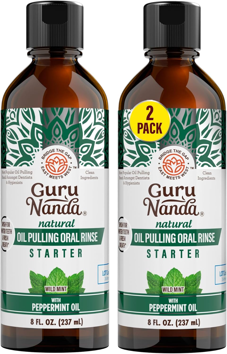 GuruNanda Starter Oil Pulling burnos skalavimo skystis su kokosų ir pipirmėčių aliejais, gaiviam burnos kvapui, sveikoms dantenoms ir natūraliam dantų balinimui, be alkoholio, 237 ml