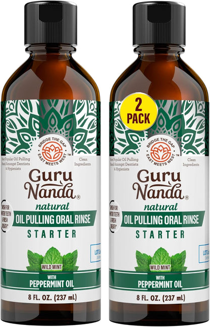 GuruNanda Starter Oil Pulling burnos skalavimo skystis su kokosų ir pipirmėčių aliejais, gaiviam burnos kvapui, sveikoms dantenoms ir natūraliam dantų balinimui, be alkoholio, 237 ml