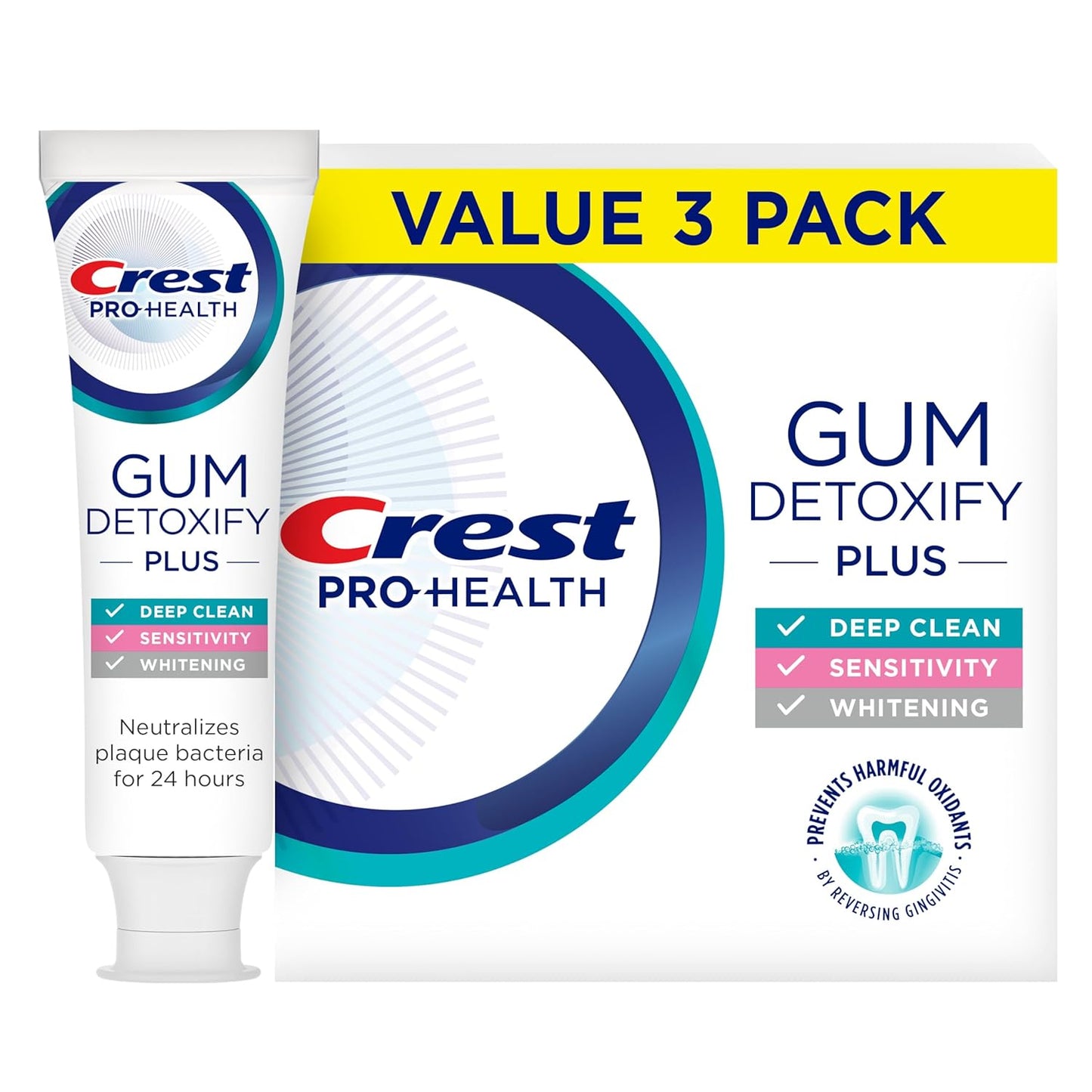 Crest Pro-Health Gum Detoxify Plus dantų pasta su fluoru, antibakterinė pasta dantenų sveikatai, jautrumo mažinimui, balinimui, apsaugai nuo ėduonies ir apnašų kontrolei (3 vnt.)