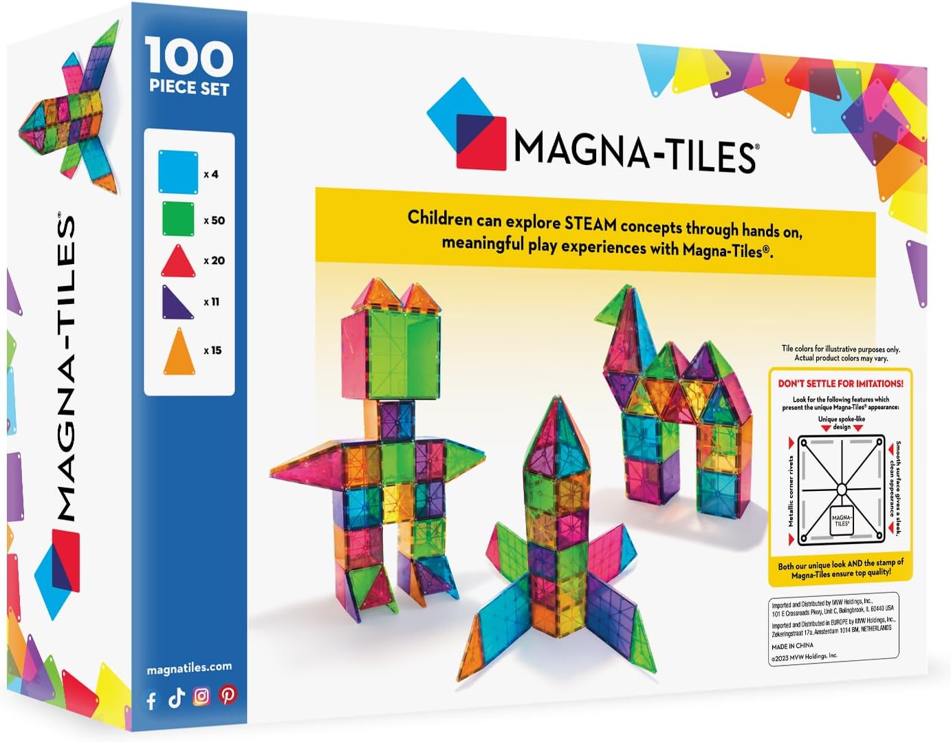 MAGNA-TILES magnetinių konstruktorių rinkinys kūrybiškam STEM mokymuisi, 100 vnt.