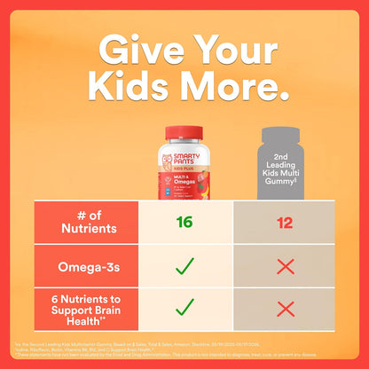 SmartyPants multivitaminų guminukai vaikams su Omega-3 žuvų taukais (EPA/DHA), vitaminais D3, C, B12, B6, A, K ir cinku, 120 guminukų