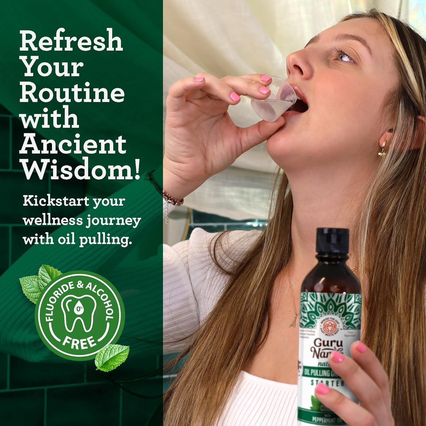 GuruNanda Starter Oil Pulling burnos skalavimo skystis su kokosų ir pipirmėčių aliejais, gaiviam burnos kvapui, sveikoms dantenoms ir natūraliam dantų balinimui, be alkoholio, 237 ml