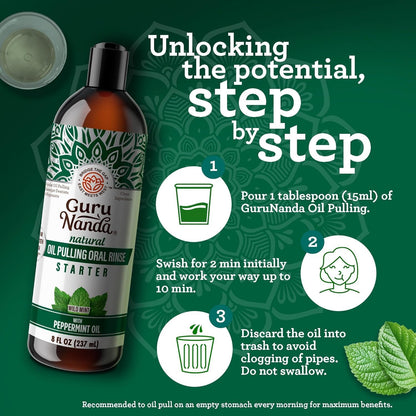 GuruNanda Starter Oil Pulling burnos skalavimo skystis su kokosų ir pipirmėčių aliejais, gaiviam burnos kvapui, sveikoms dantenoms ir natūraliam dantų balinimui, be alkoholio, 237 ml
