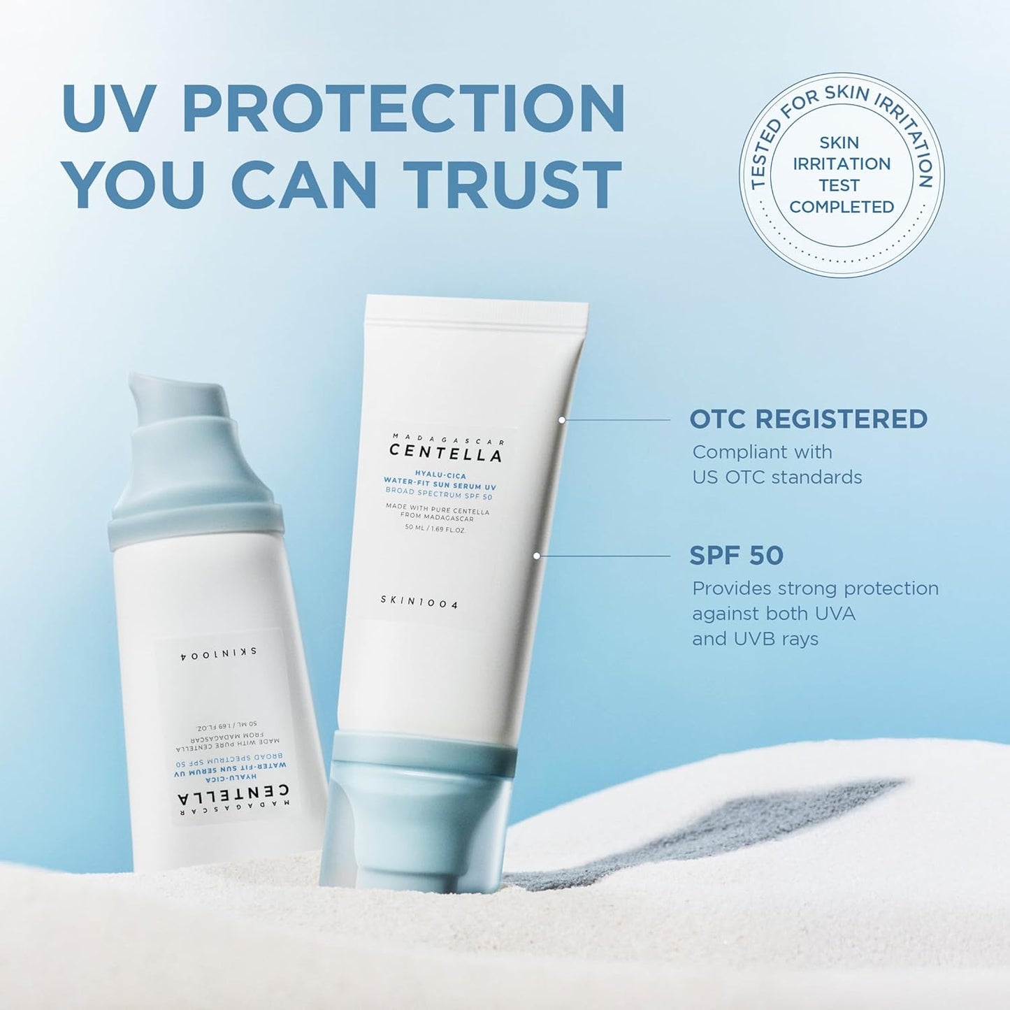 SKIN1004 Madagascar Centella Hyalu-Cica Water-Fit Sun Serum SPF 50 apsauginis kremas nuo saulės, 50 ml
