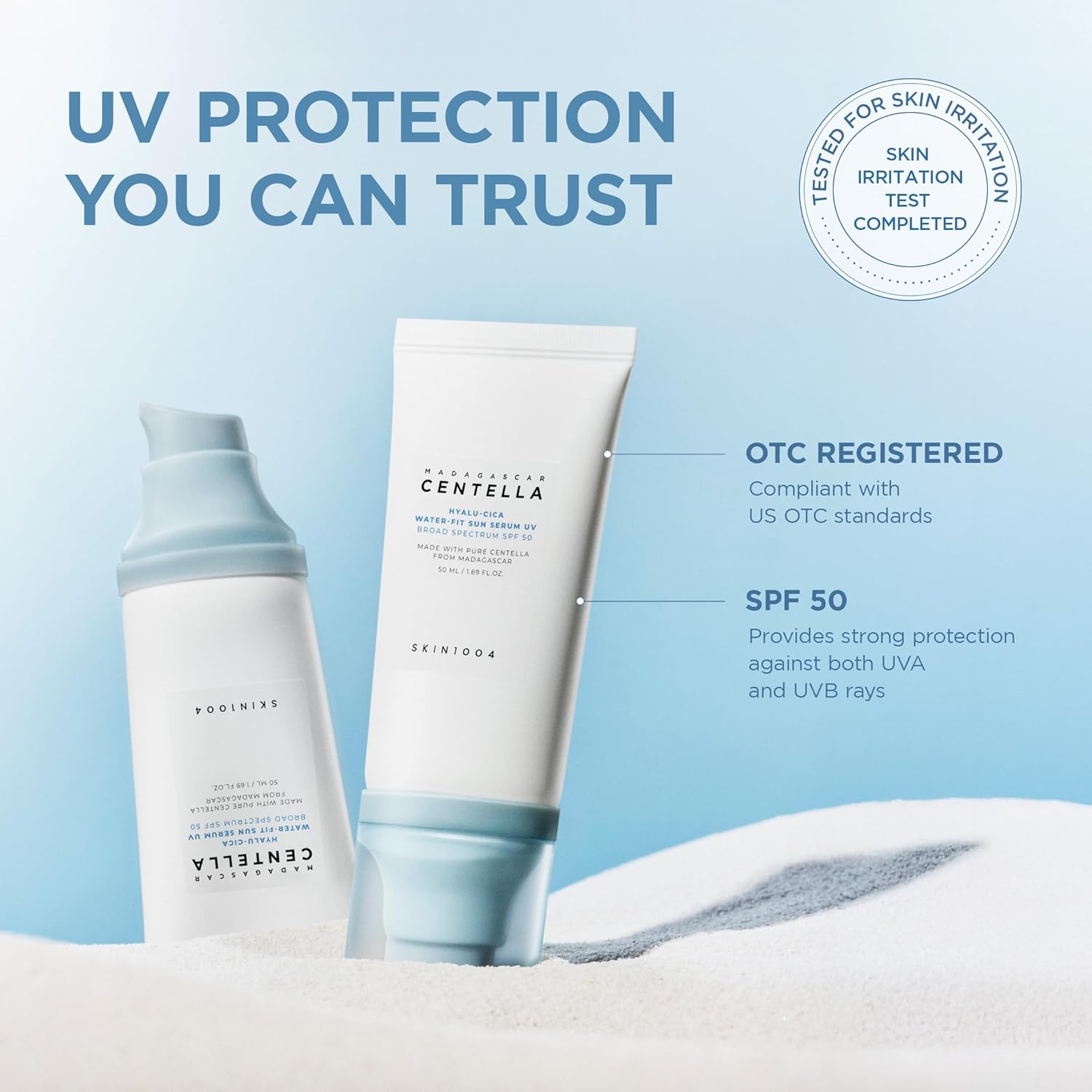 SKIN1004 Madagascar Centella Hyalu-Cica Water-Fit Sun Serum SPF 50 apsauginis kremas nuo saulės, 50 ml
