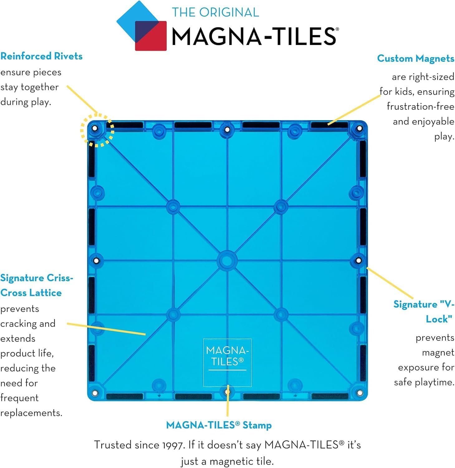 MAGNA-TILES magnetinių konstruktorių rinkinys kūrybiškam STEM mokymuisi, 100 vnt.