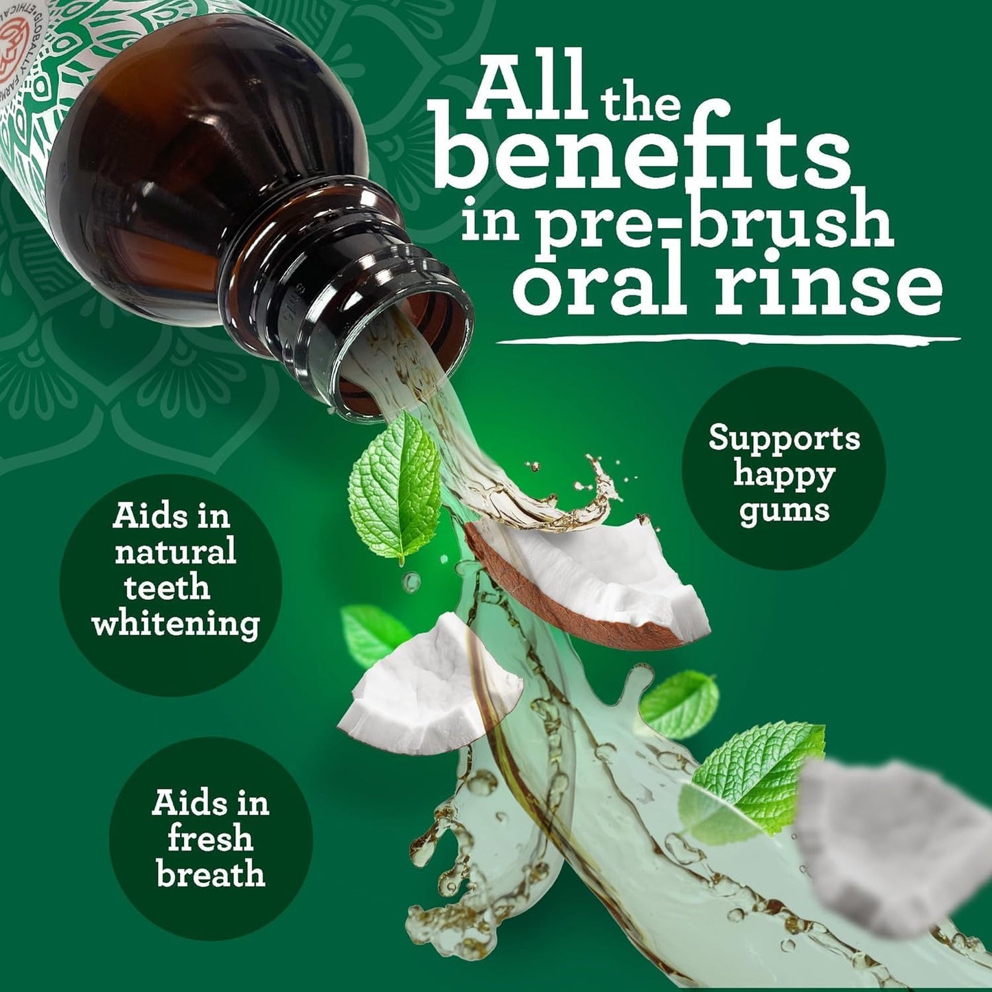 GuruNanda Starter Oil Pulling burnos skalavimo skystis su kokosų ir pipirmėčių aliejais, gaiviam burnos kvapui, sveikoms dantenoms ir natūraliam dantų balinimui, be alkoholio, 237 ml