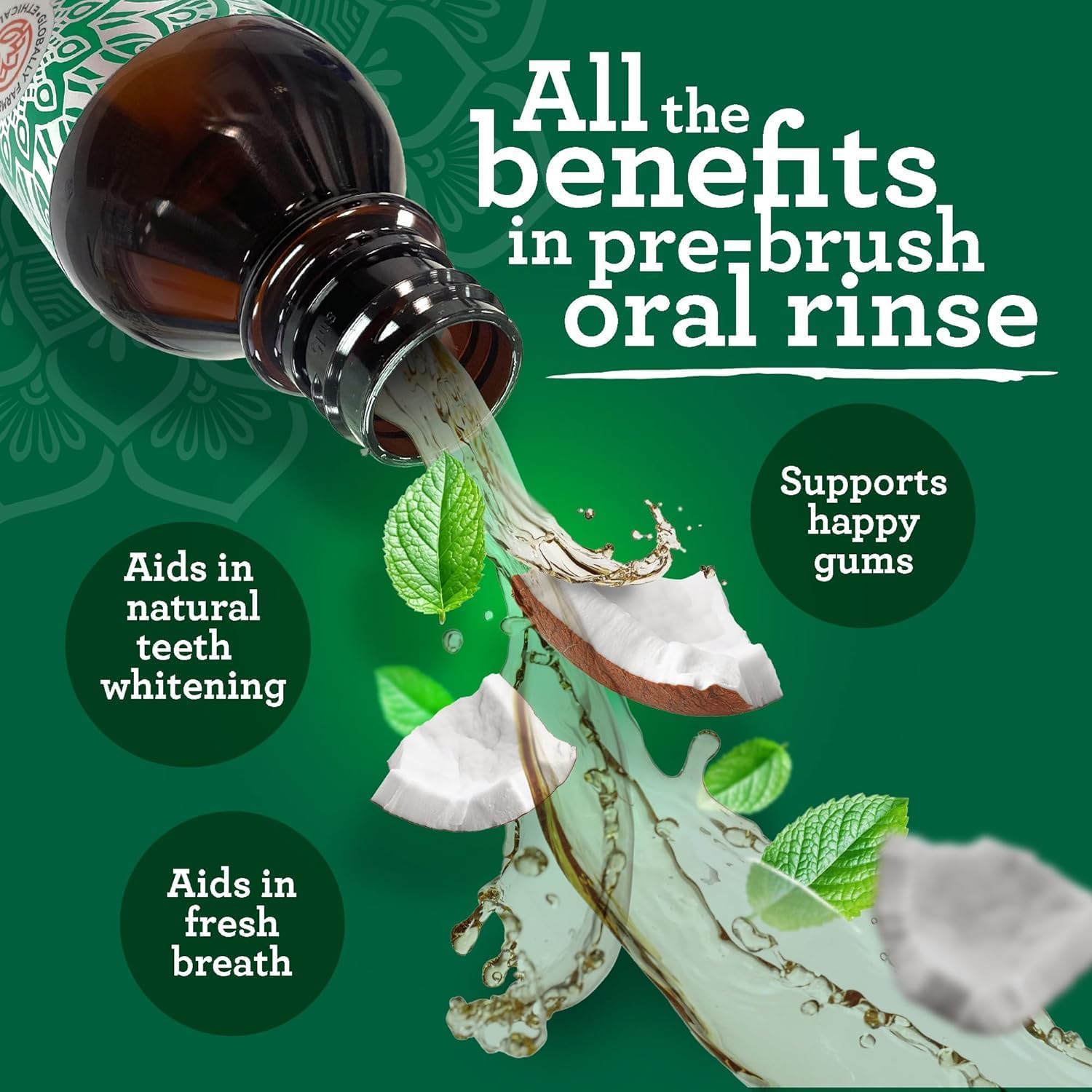 GuruNanda Starter Oil Pulling burnos skalavimo skystis su kokosų ir pipirmėčių aliejais, gaiviam burnos kvapui, sveikoms dantenoms ir natūraliam dantų balinimui, be alkoholio, 237 ml