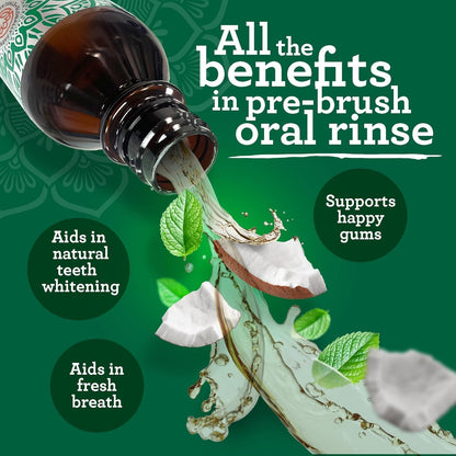 GuruNanda Starter Oil Pulling burnos skalavimo skystis su kokosų ir pipirmėčių aliejais, gaiviam burnos kvapui, sveikoms dantenoms ir natūraliam dantų balinimui, be alkoholio, 237 ml