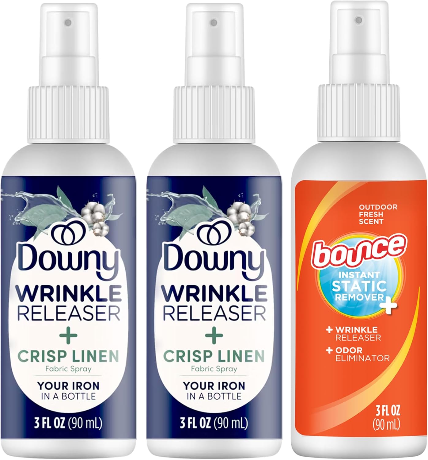 Downy audinių raukšlių lyginimo purškalas ir Bounce audinių gaiviklis