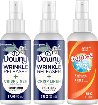 Downy audinių raukšlių lyginimo purškalas ir Bounce audinių gaiviklis