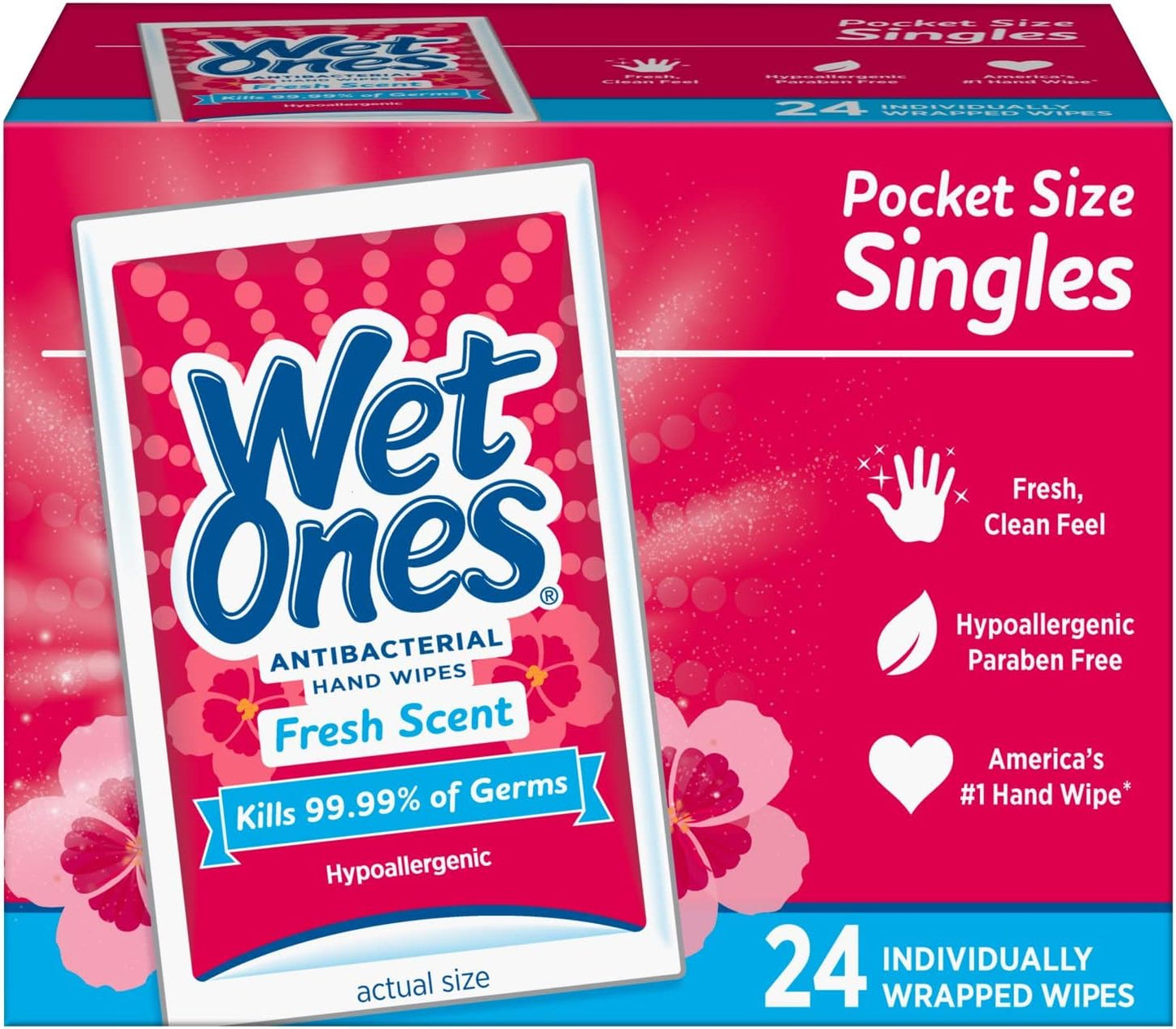 Wet Ones Singles Antibakterinės valomosios servetėlės ​​– 1 dėžutė, 24 vnt.