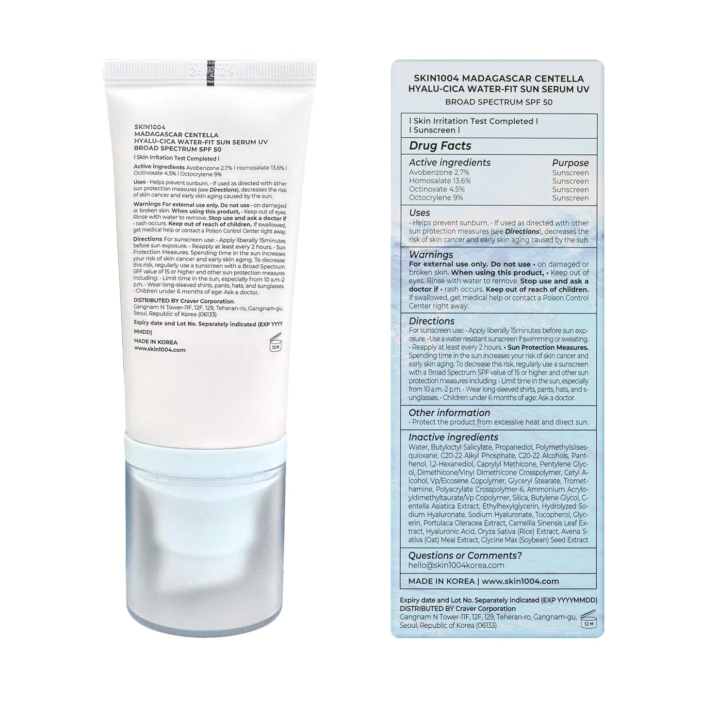 SKIN1004 Madagascar Centella Hyalu-Cica Water-Fit Sun Serum SPF 50 apsauginis kremas nuo saulės, 50 ml