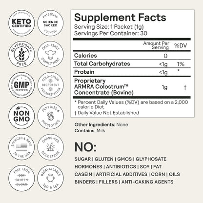 ARMRA Colostrum™ milteliai | Be skonio | Žarnyno sveikata ir pilvo pūtimas | Oda ir plaukai | Imunitetas | Be keto, be glitimo ir riebalų