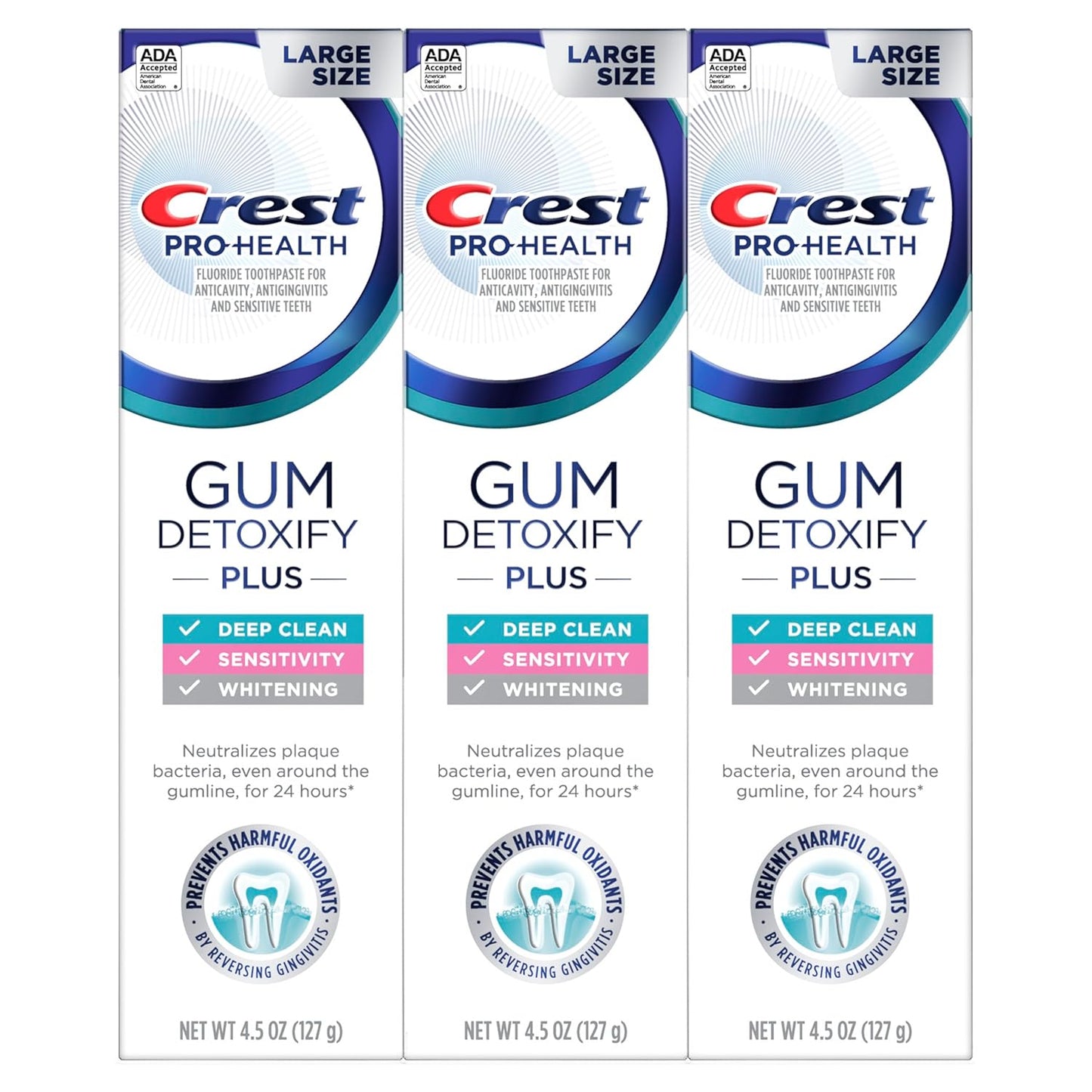 Crest Pro-Health Gum Detoxify Plus dantų pasta su fluoru, antibakterinė pasta dantenų sveikatai, jautrumo mažinimui, balinimui, apsaugai nuo ėduonies ir apnašų kontrolei (3 vnt.)