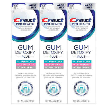 Crest Pro-Health Gum Detoxify Plus dantų pasta su fluoru, antibakterinė pasta dantenų sveikatai, jautrumo mažinimui, balinimui, apsaugai nuo ėduonies ir apnašų kontrolei (3 vnt.)