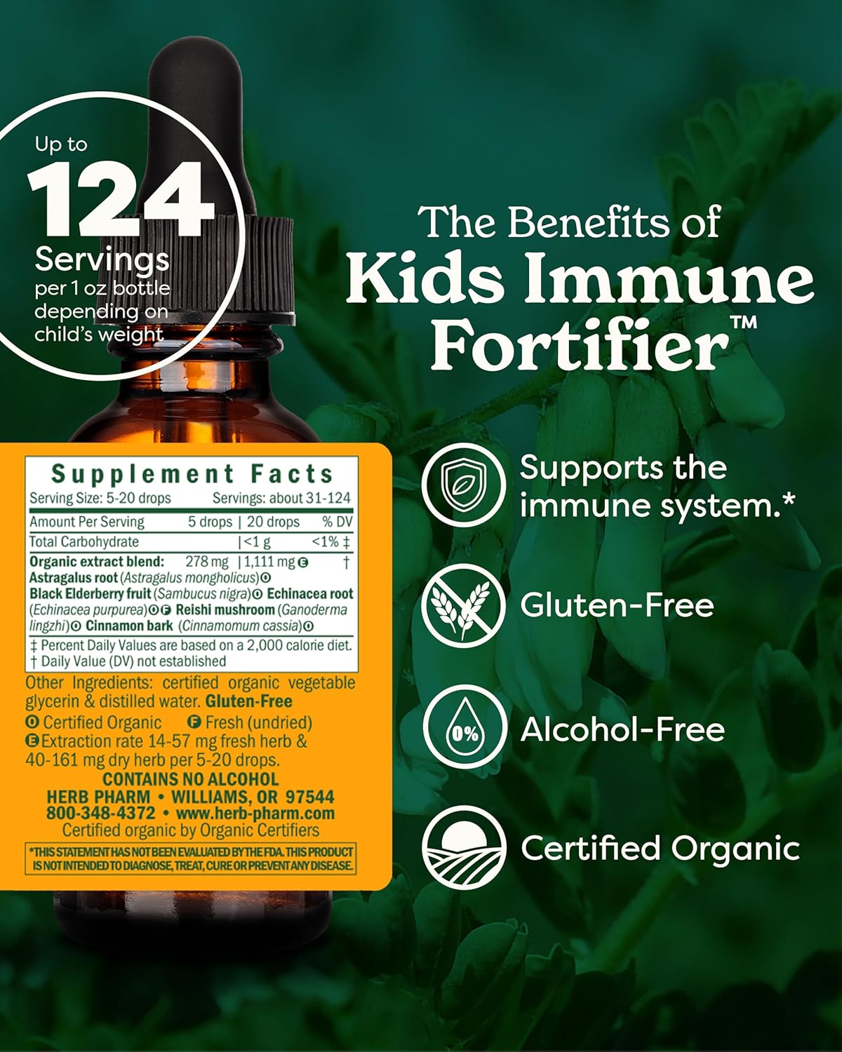 „Herb Pharm Kids“ sertifikuota ekologiška, be alkoholio, imunitetą stiprinanti skysta žolelių formulė