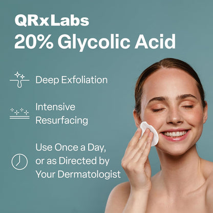 QRxLabs Veido ir kūno odos atnaujinimo padeliai su 20 % glikolio rūgštimi, vitaminais B5, C ir E, žaliąja arbata, medetkomis ir alantoinu