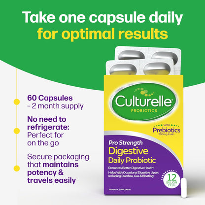 Culturelle Pro Strength kasdieniai probiotikai su prebiotikais virškinimo sistemos sveikatai, 60 kapsulių