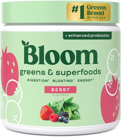Bloom Nutrition Greens & Superfoods milteliai su probiotikais, prebiotikais ir virškinimo fermentais, supermaisto mišinys su spirulina, chlorela ir burokėlių milteliais